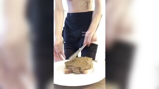 Gorgeous babe in sexy dress poops on the plate