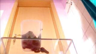 Naked girl filling a plastic box