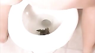 Brunette lady pooping heavily in the toilet