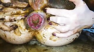 Dirty cunt covered in sticky shit