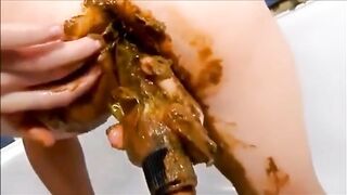 Dirty girl masturbating with shit and orgasm