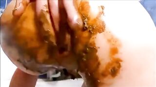 Dirty girl masturbating with shit and orgasm