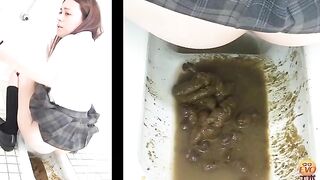Japanese girl's huge enema expulsion on the wall