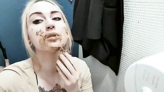 Cute blonde girl smearing shit on her tits