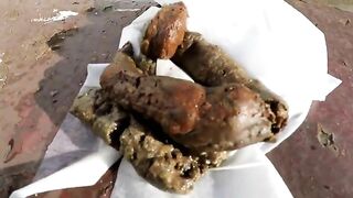 Babe shitting on old boat