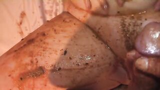 Chubby poop covered lady enjoying sex