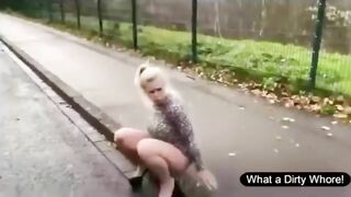 Lovely blonde gal pooping on the road in nice weather
