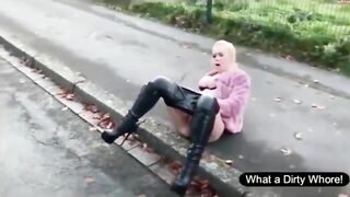 Lovely blonde gal pooping on the road in nice weather