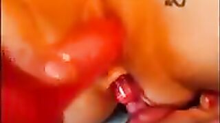 Mature horny lady in stockings masturbates