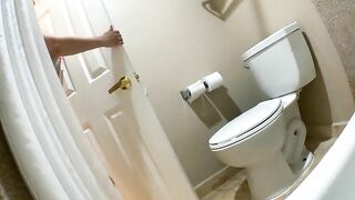 Thick blonde milf poops in the toilet