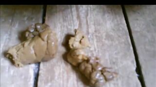 Gorgeous lady pooping big turds on wooden floor