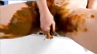 Shitting and masturbating with shitty dildo