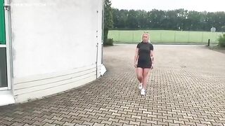 Pretty blonde busty babe poops outdoor